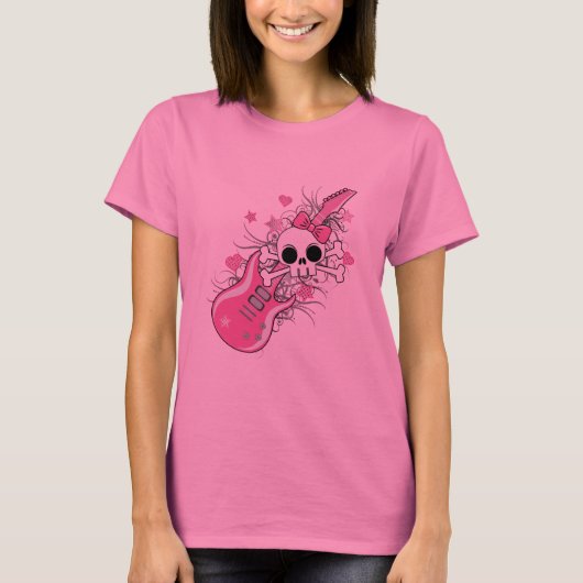 Cute Skull met roze gitaar T-shirt (Voorkant)