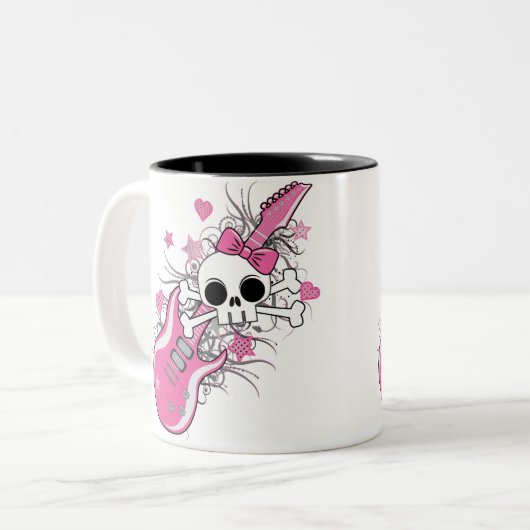 Cute Skull met roze gitaar Tweekleurige Koffiemok (Voorkant links)