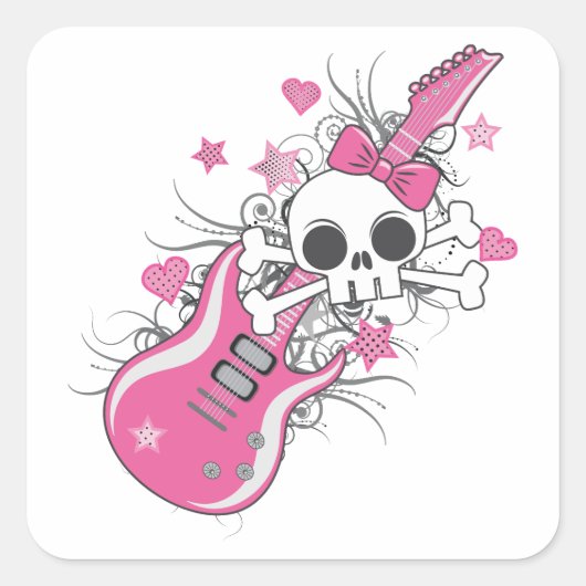 Cute Skull met roze gitaar Vierkante Sticker (Voorkant)