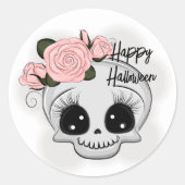 Cute Skull met Rozen Klassieke ronde Sticker (Voorkant)