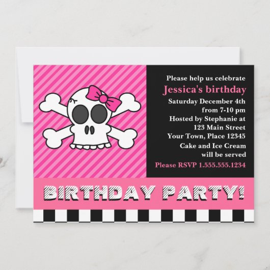 Cute Skull w/Bow Birthday Party - Roze Kaart (Voorkant)