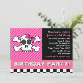 Cute Skull w/Bow Birthday Party - Roze Kaart (Staand voorkant)