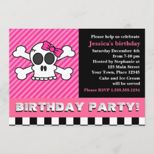 Cute Skull w/Bow Birthday Party - Roze Kaart