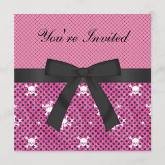 Cute Skulls & Polka Dots Pink Birthday Invites Kaart