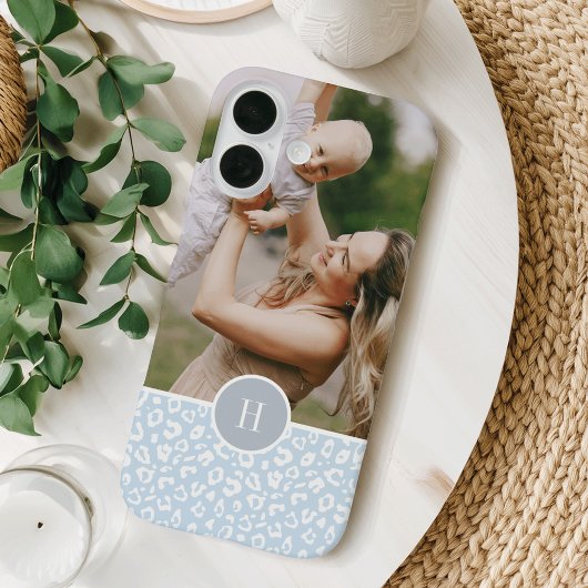 Cute Sky Blue Leopard Print Monogram & Foto Case-Mate iPhone Case