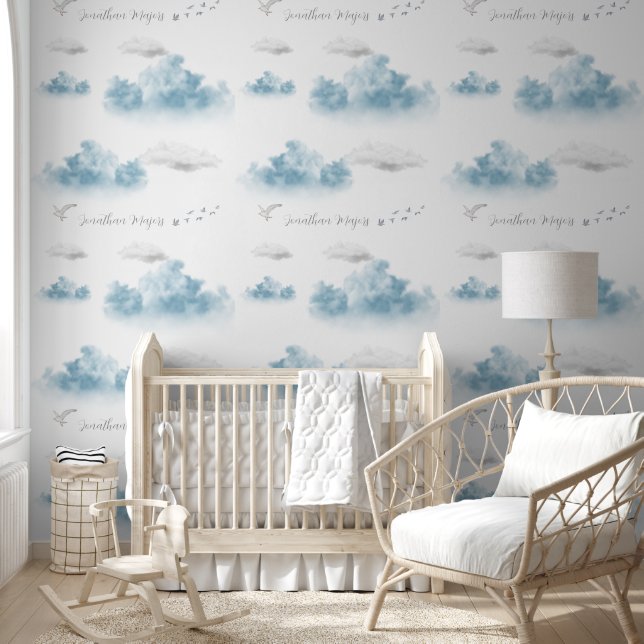 Cute sky blue white clouds behang (Kinderen)