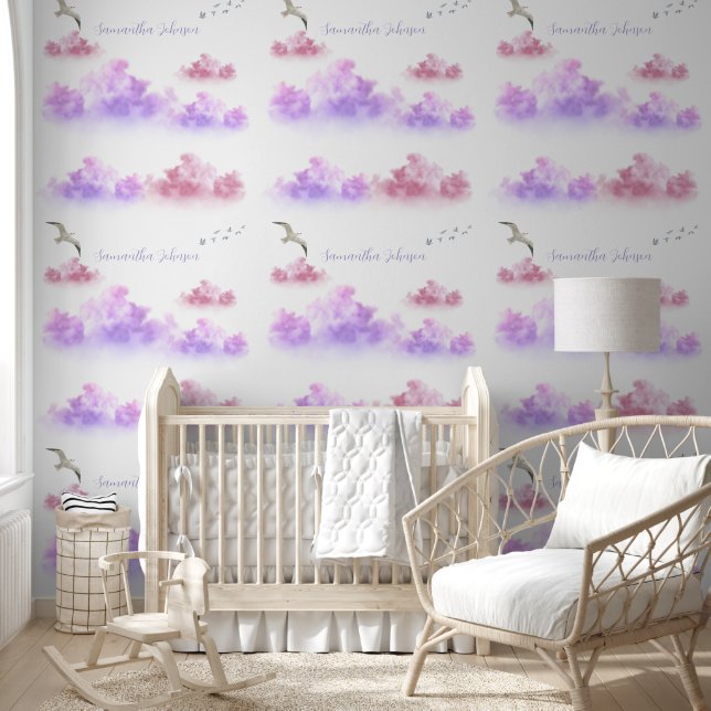 Cute sky pink white clouds behang (Kinderen)
