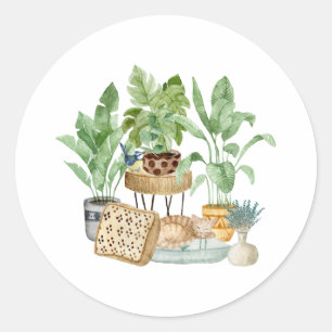 Cute Slapende Cat en House Planten Ronde Sticker