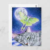 Cute Slapende Cat met Luna Moth, Mon briefkaart (Voorkant / Achterkant)