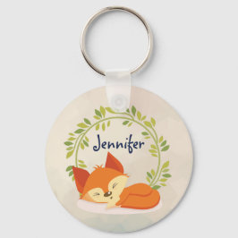 Cute Slapende Oranje vos met groene bladeren, Wrea Sleutelhanger