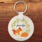 Cute Slapende Oranje vos met groene bladeren, Wrea Sleutelhanger (Voorkant)