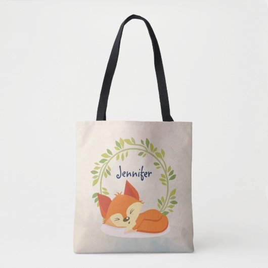 Cute Slapende Oranje vos met groene bladeren, Wrea Tote Bag (Voorkant)