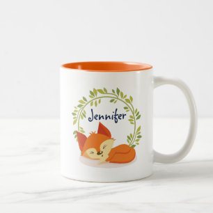Cute Slapende Oranje vos met groene bladeren, Wrea Tweekleurige Koffiemok