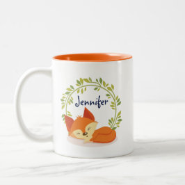 Cute Slapende Oranje vos met groene bladeren, Wrea Tweekleurige Koffiemok