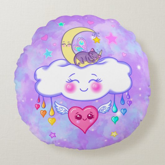 Cute Slapepy Time Kawaii Happy Heart Round Pillow Rond Kussen (Voorkant)