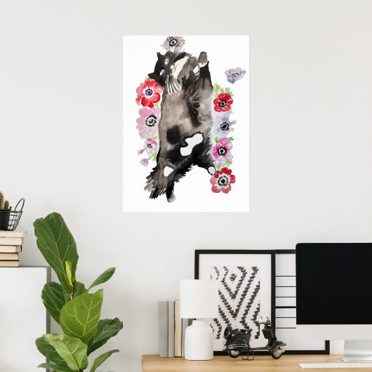 Cute Slaping Black White Tuxedo Cat Cats Poster (Thuiskantoor)