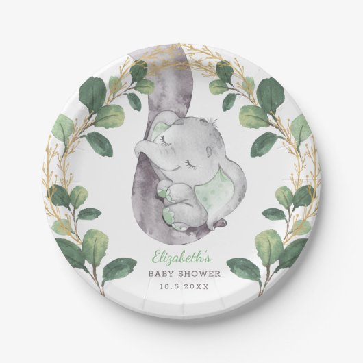 Cute Slaping Elephant Greenery Gold Baby shower Papieren Bordje (Voorkant)