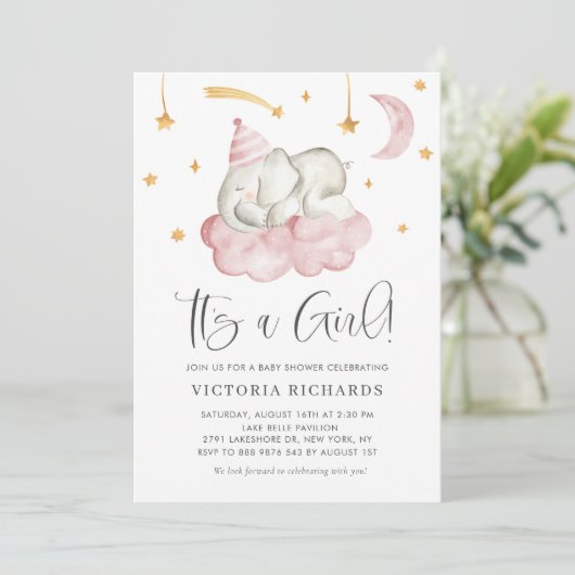 Cute Slaping Elephant Het is een meisje Baby showe Kaart (Staand voorkant)