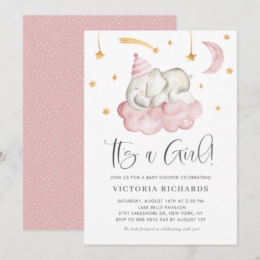 Cute Slaping Elephant Het is een meisje Baby showe Kaart (Voorkant / Achterkant)