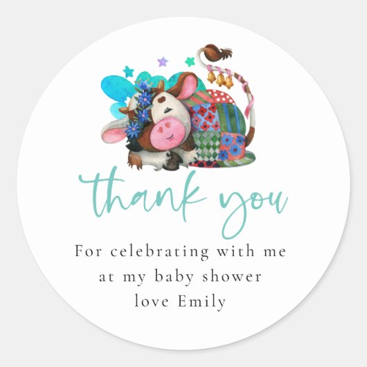 Cute Slaping Koe Script Baby shower Hartelijk dank Ronde Sticker (Voorkant)