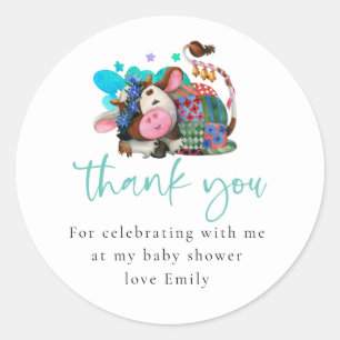 Cute Slaping Koe Script Baby shower Hartelijk dank Ronde Sticker