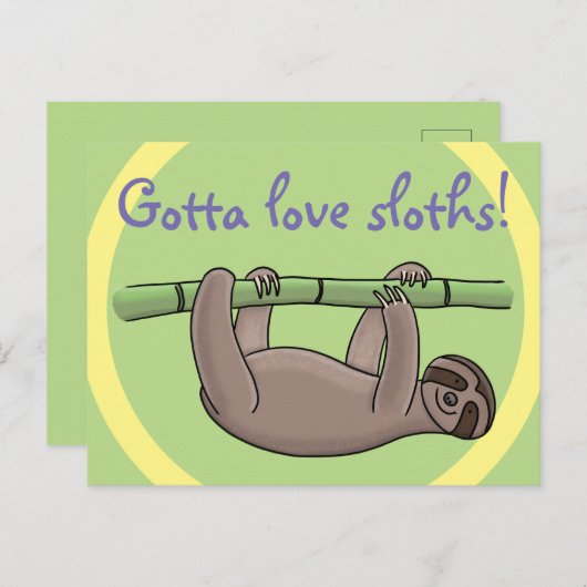 Cute slapy sloth hangt op groene bamboe cartoon briefkaart (Voorkant / Achterkant)