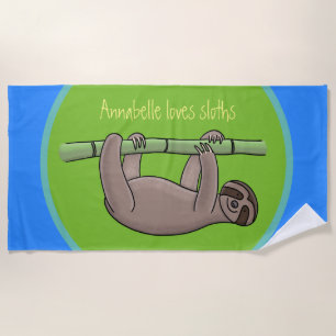 Cute slapy sloth hangt op groene bamboe cartoon strandlaken