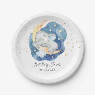 Cute Sleeping Baby Elephant Moon Star Boy Shower Papieren Bordje