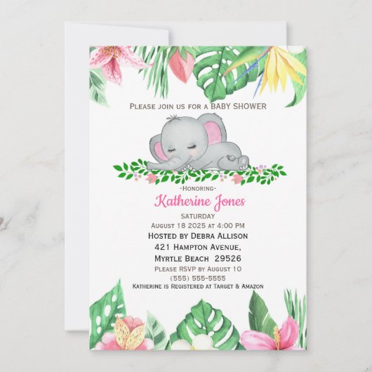 Cute Sleeping Baby olifant Tropische Bloemen Kaart (Voorkant)