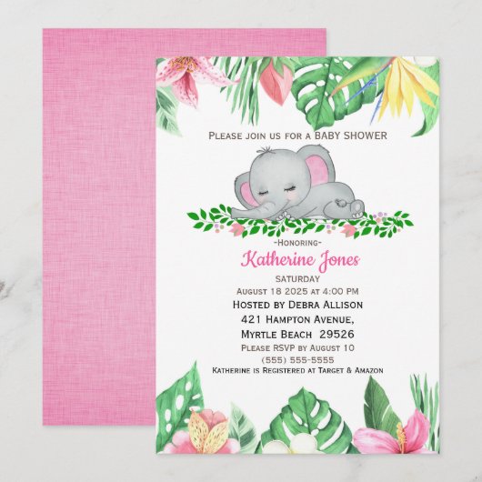 Cute Sleeping Baby olifant Tropische Bloemen Kaart (Voorkant / Achterkant)