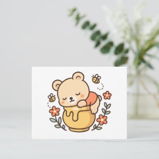 Cute Sleeping Bear Honey Pot Kawaii Design Briefkaart