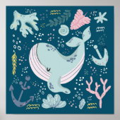 Cute Sleeping Blue Whale Underwater Doodle Poster (Voorkant)