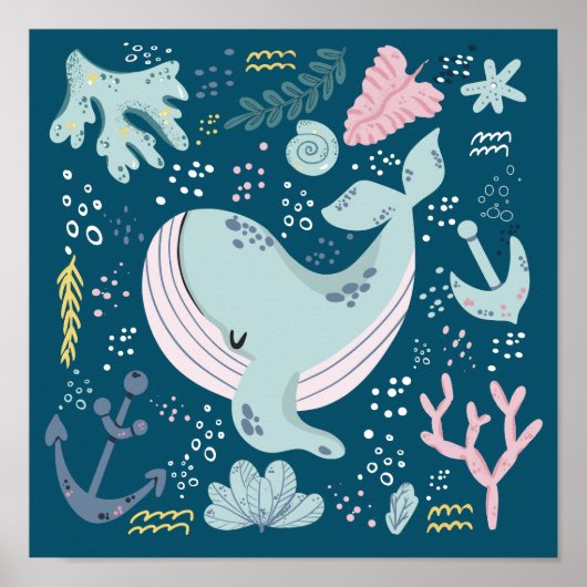 Cute Sleeping Blue Whale Underwater Doodle Poster (Voorkant)