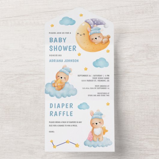 Cute Sleeping Bunny Crescent Moon Baby shower All In One Uitnodiging (Binnen)