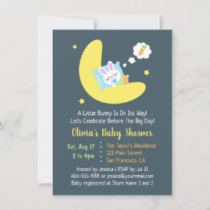 Cute Sleeping Bunny on Moon Baby shower Invitation Kaart