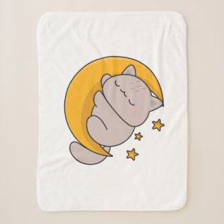 Cute Sleeping Cat on Crescent Moon Sherpa Deken