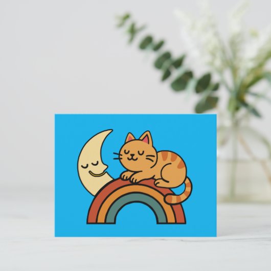 Cute Sleeping Cat on Rainbow with Moon Briefkaart (Staand voorkant)