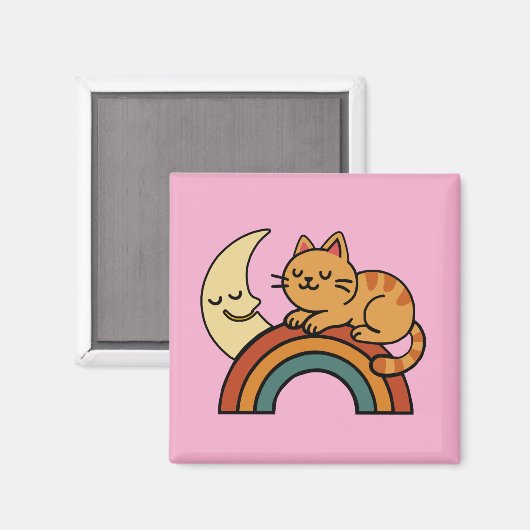 Cute Sleeping Cat on Rainbow with Moon – Funny Cat Magneet (Voorkant / Achterkant)