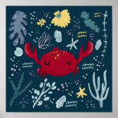 Cute Sleeping Crab Onderwater Doodle Poster (Voorkant)