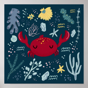 Cute Sleeping Crab Onderwater Doodle Poster