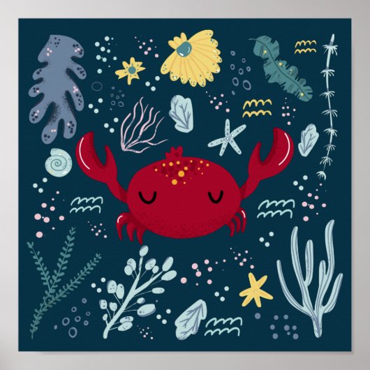 Cute Sleeping Crab Onderwater Doodle Poster (Voorkant)