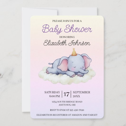 Cute Sleeping Elephant Baby Shower Invitation Kaart (Voorkant)