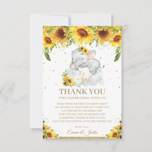 Cute Sleeping Elephant Sunflower Baby shower Bedankkaart (Voorkant)
