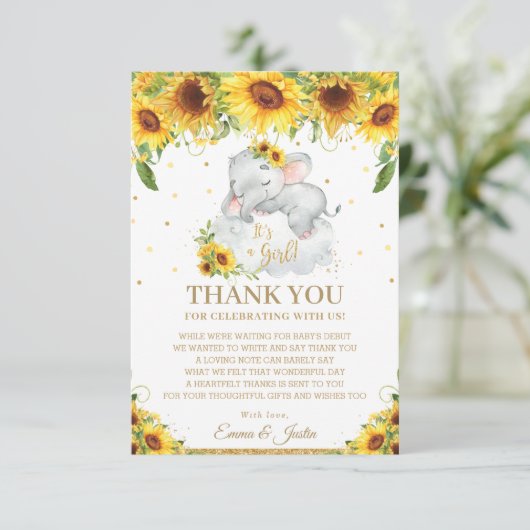 Cute Sleeping Elephant Sunflower Baby shower Bedankkaart (Staand voorkant)