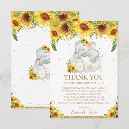 Cute Sleeping Elephant Sunflower Baby shower Bedankkaart (Voorkant / Achterkant)