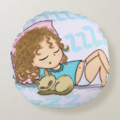 Cute Sleeping Girl met Kitten Rond Kussen (Voorkant)