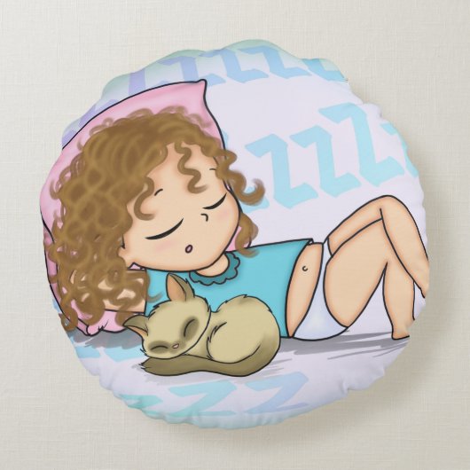 Cute Sleeping Girl met Kitten Rond Kussen (Achterkant)