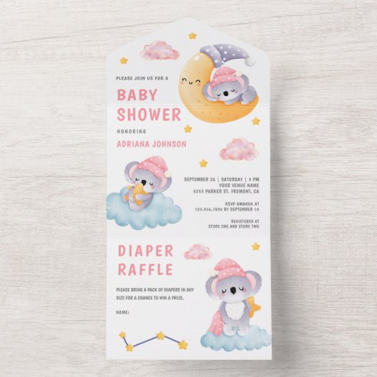 Cute Sleeping Koala Beer Crescent Moon Baby shower All In One Uitnodiging (Binnen)