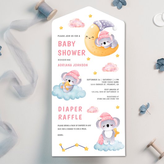 Cute Sleeping Koala Beer Crescent Moon Baby shower All In One Uitnodiging