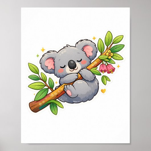 Cute Sleeping Koala on Eucalyptus Branch Kawaii Poster (Voorkant)